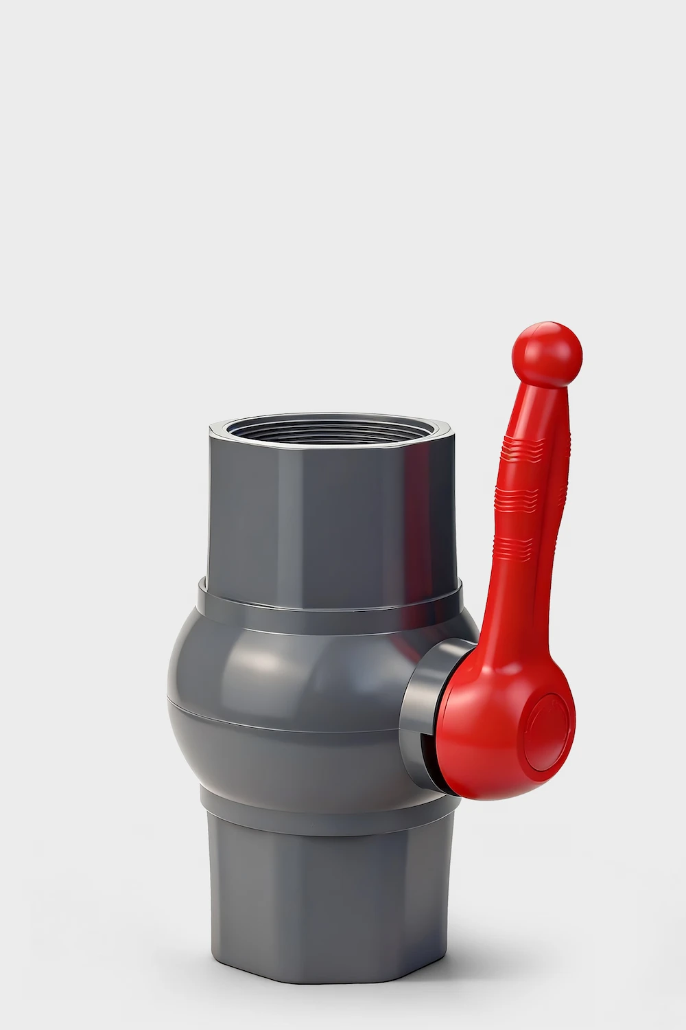 JRV03-octagonal ball valve 1 JARO Octagonal Ball Valve in grey PVC-U with red handle, PN16 pressure rated, featuring threaded NPT BSPT R and socket end connections for industrial fluid control.