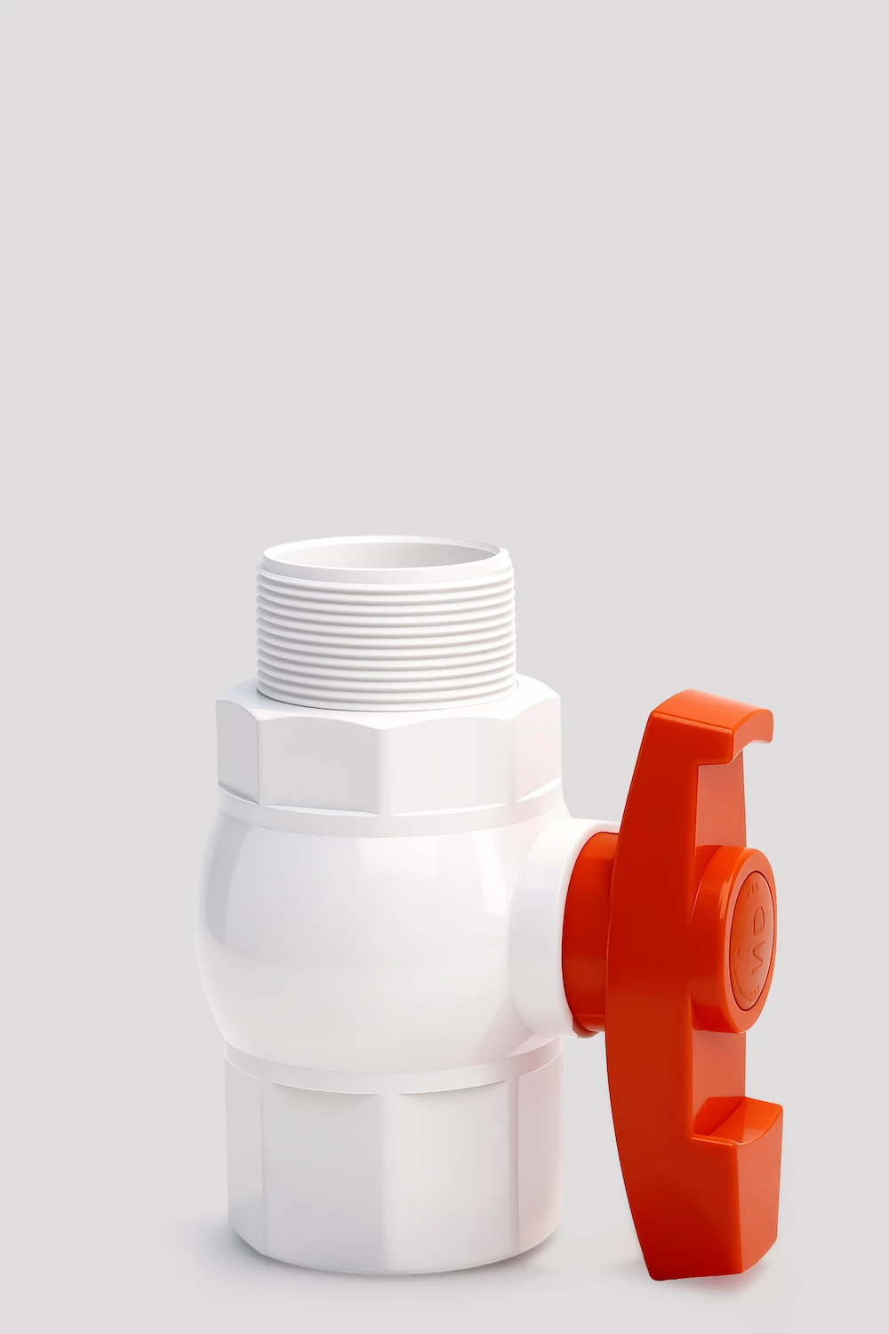 JRV05-MxF octagonal ball valve 3 White PVC-U MxF Ball Valve featuring male by female threaded connections, PN16 pressure standard, and ergonomic red butterfly handle.