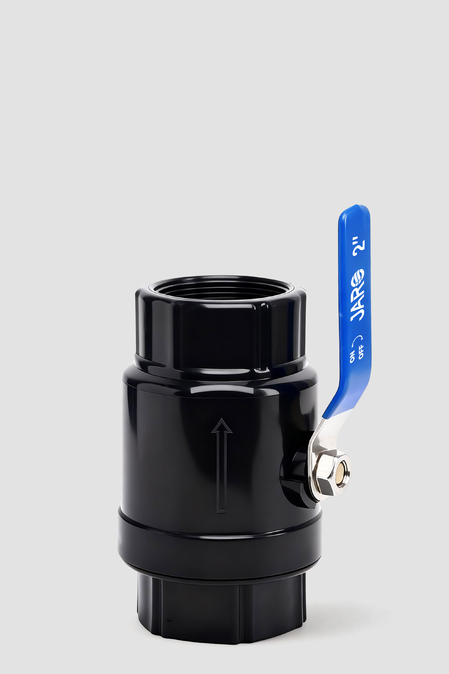 JRV18-1-two pieces ball valve 2 Heavy-duty black PVC-U CPVC Two Pieces Ball Valve with blue lever handle, PN16 rated, designed with internal arrow for directional flow control in water systems.