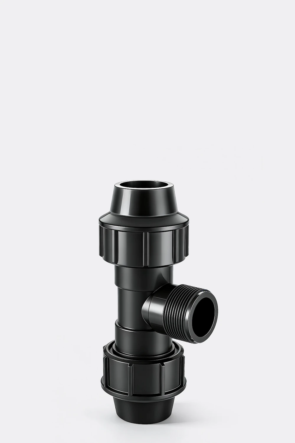 jrp04-pp compression male tee 7 Black PP compression Male Tee fitting, PN16 rated with compression sockets and a male NPT BSPT R threaded branch connection for agricultural and industrial irrigation.