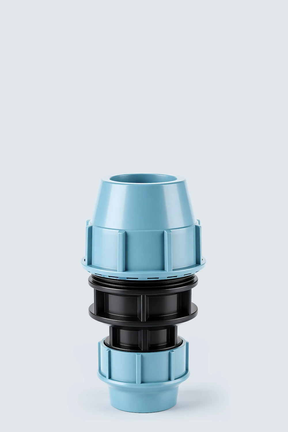 jrv04-reducing coupling 6 PP compression Reducing Coupling in blue and black, PN16 compression socket fitting designed for secure outdoor HDPE pipe size reduction.