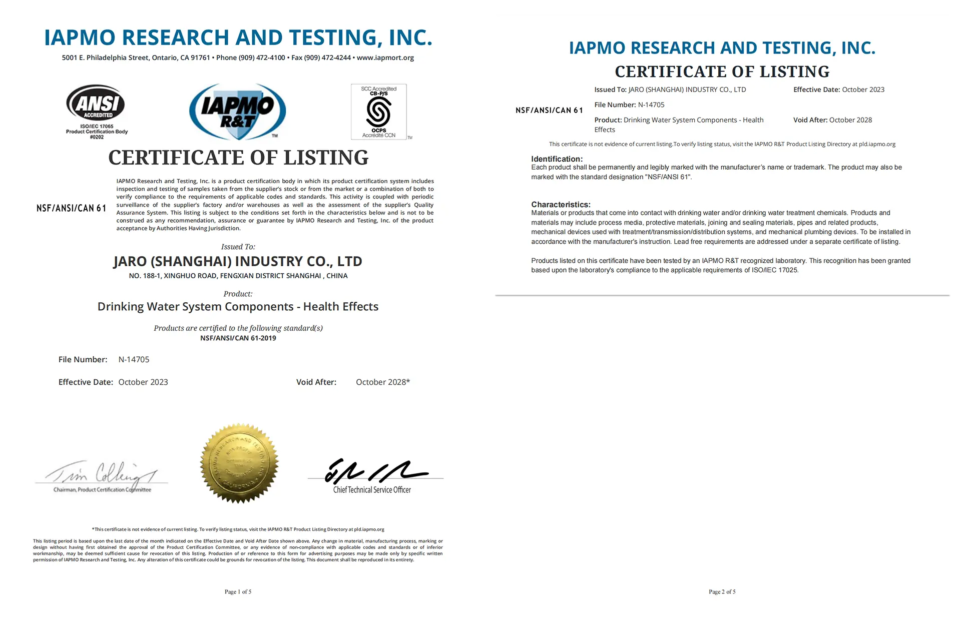 iapmo-nsf-61-drinking-water-certificate-jaro-industry 2 IAPMO R&T NSF/ANSI/CAN 61 Certificate of Listing for JARO Industry drinking water system components and health effects.