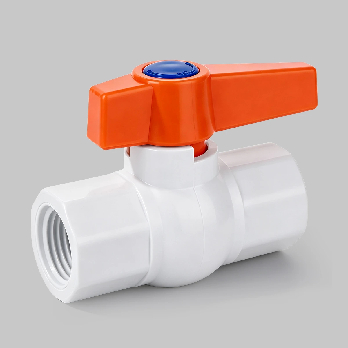 pvc-octagonal-ball-valve-white-female-thread-low-torque-handle 3 White female threaded octagonal PVC ball valve with low torque handle