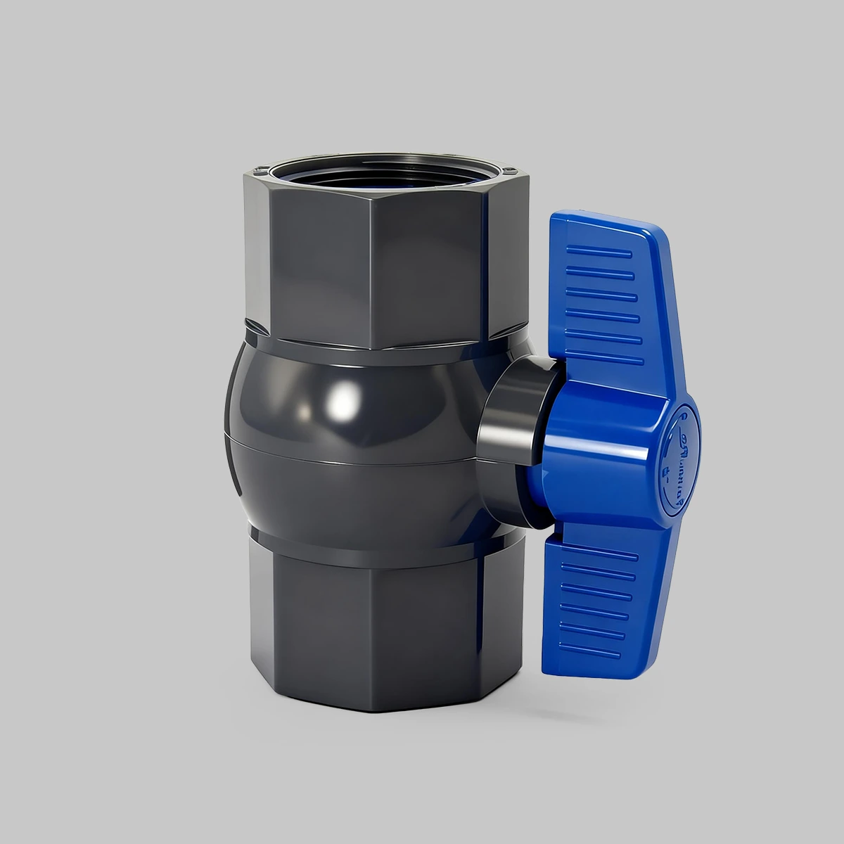 pvc-octagonal-ball-valve-gray-female-thread-butterfly-handle 5 Gray female threaded octagonal PVC ball valve with butterfly handle