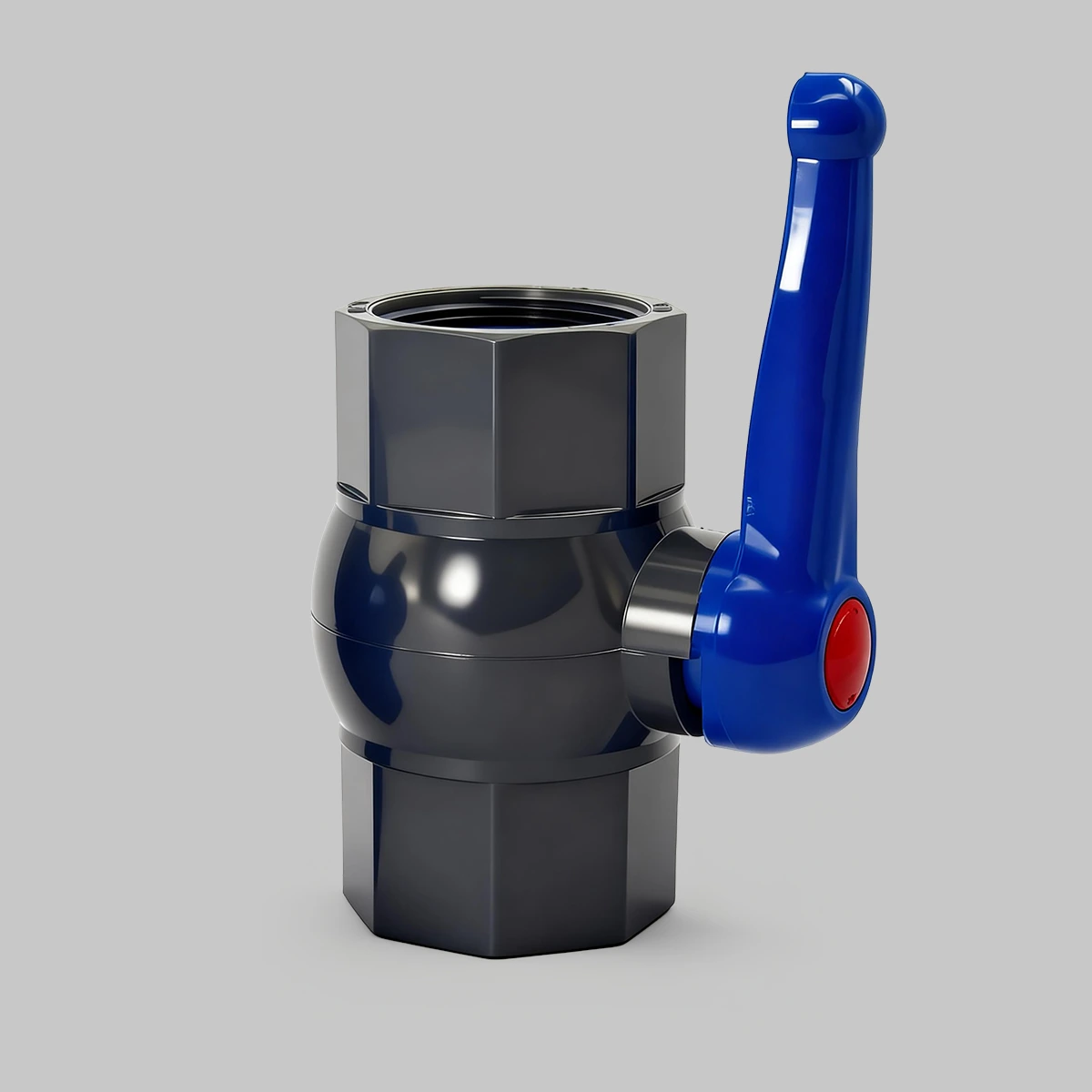 ndustrial-pvc-octagonal-ball-valve-gray-female-thread-low-torque-handle 7 Industrial gray octagonal PVC ball valve with female thread and low torque handle