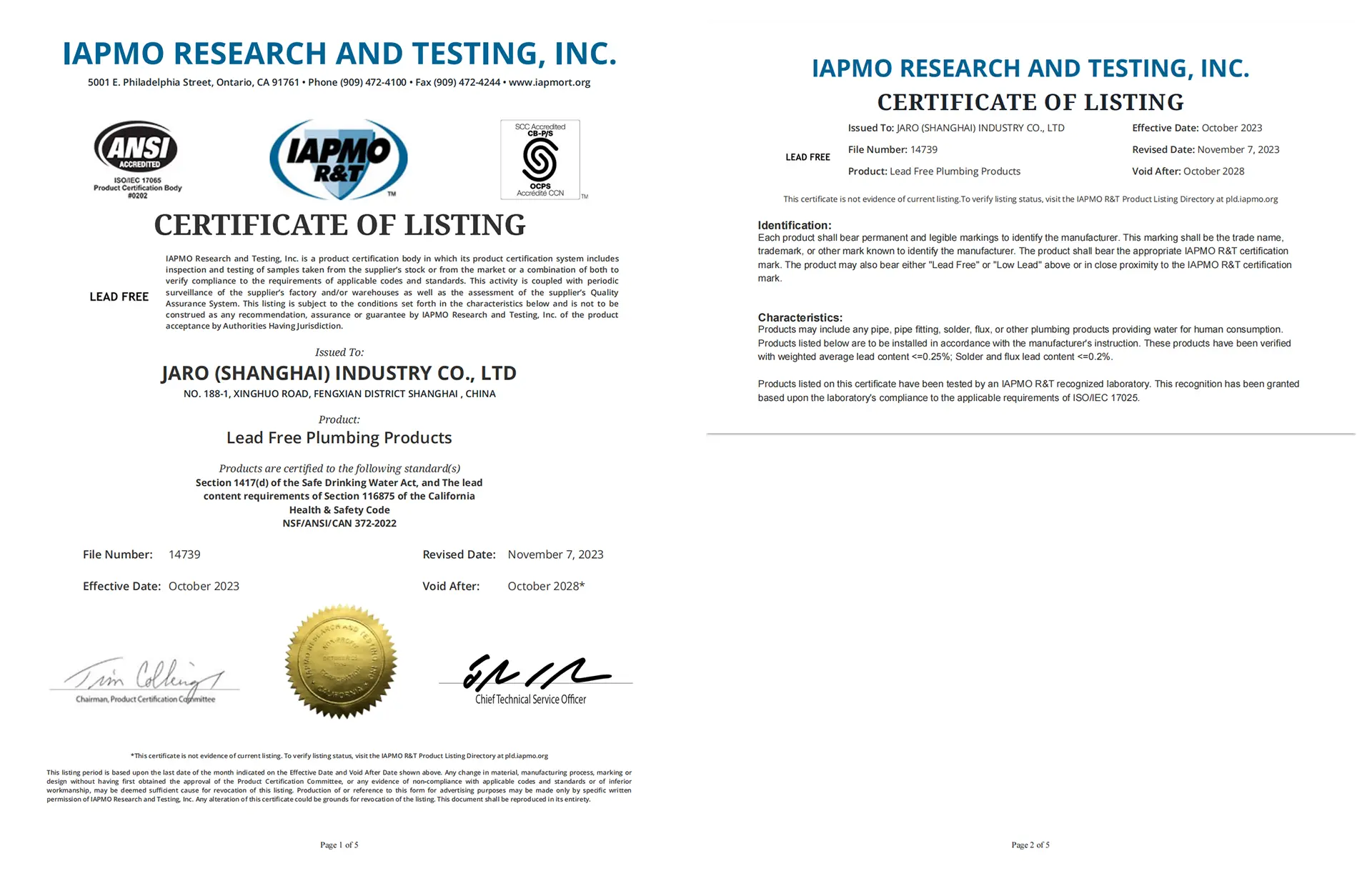 IAPMO R&T Lead Free plumbing products certificate for JARO Industry, complying with NSF/ANSI/CAN 372 and California Health and Safety Code.