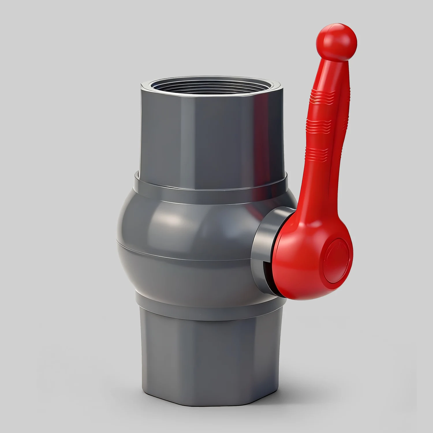 PVC-U Octagonal Ball Valve -JRV03 12 JARO Octagonal Ball Valve in grey PVC-U with red handle, PN16 pressure rated, featuring threaded NPT BSPT R and socket end connections for industrial fluid control.