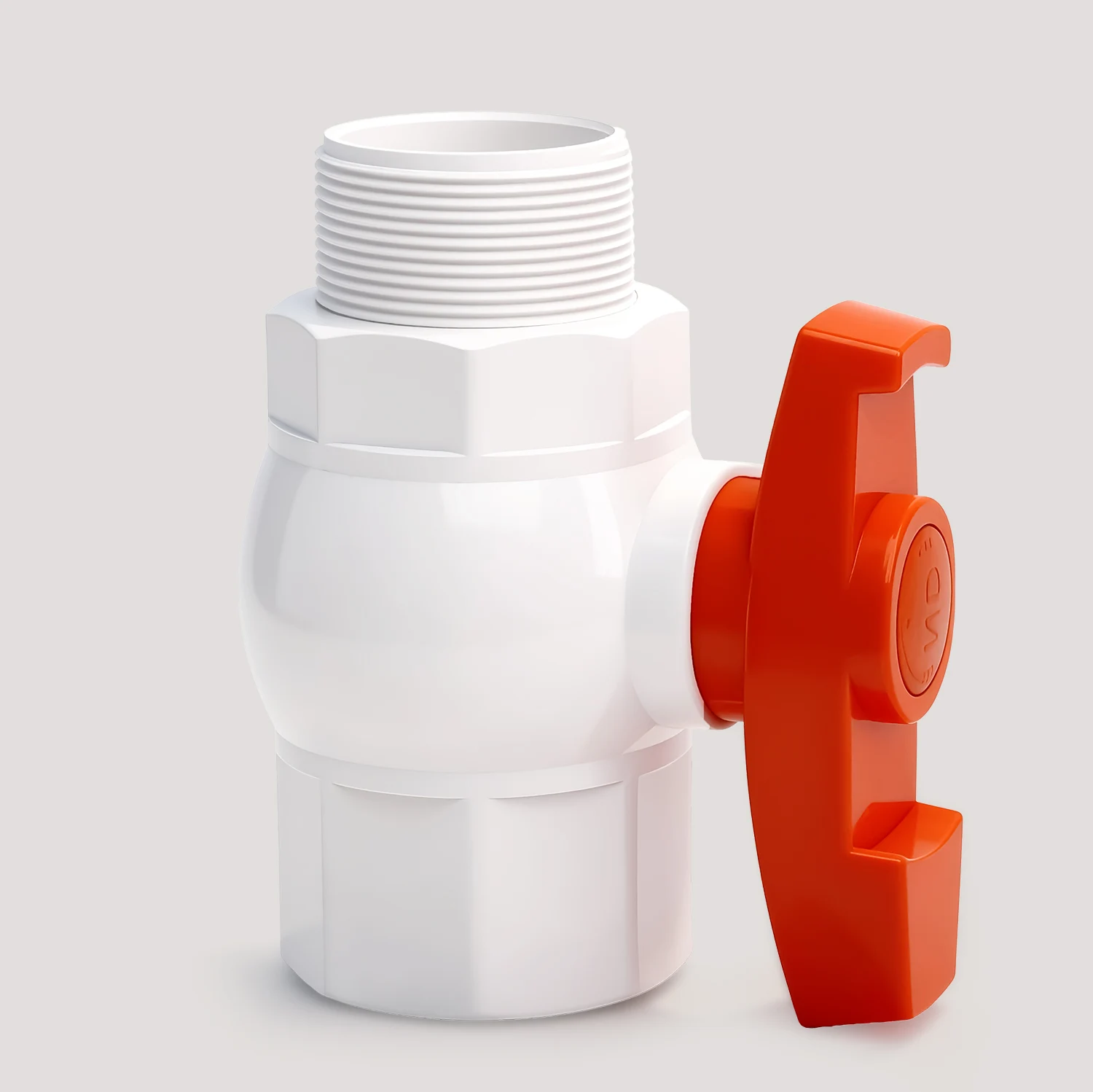 MxF Octagonal Ball Valve-JRV05 16 White PVC-U MxF Ball Valve featuring male by female threaded connections, PN16 pressure standard, and ergonomic red butterfly handle.