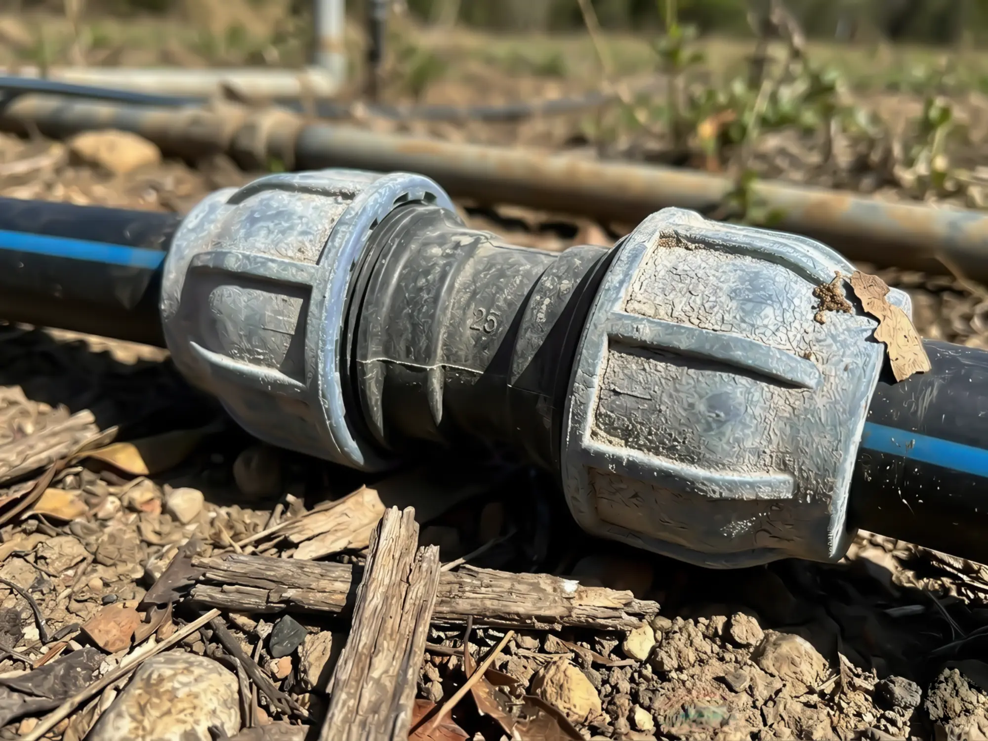 Technical Report: Weatherability Performance and Lifecycle Service Evaluation of PP Compression Fittings 2 UV degradation and surface chalking on an outdoor light blue PP compression fitting for irrigation pipelines