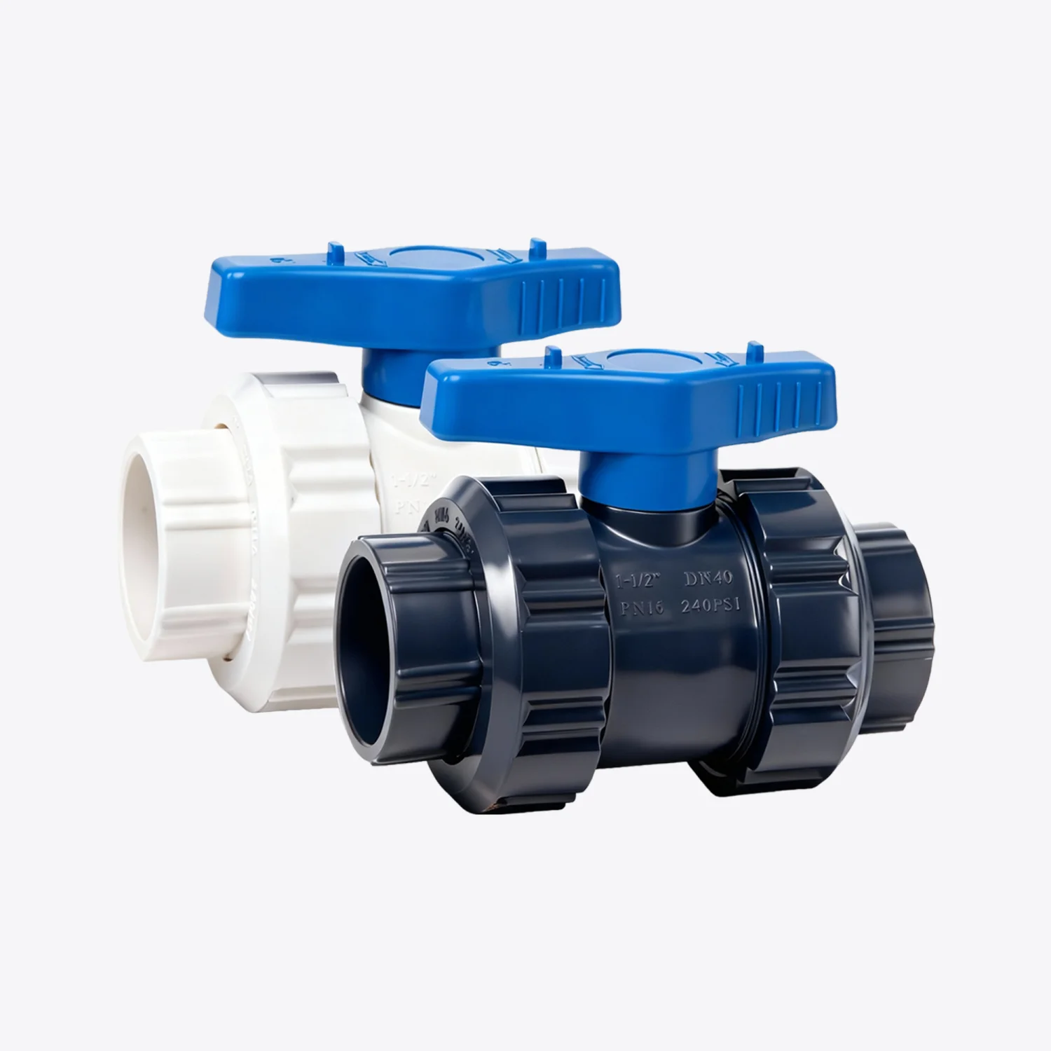 True Union Ball Valve 17 JRV15 PVC true union ball valve with blue handle for removable industrial and agricultural irrigation piping