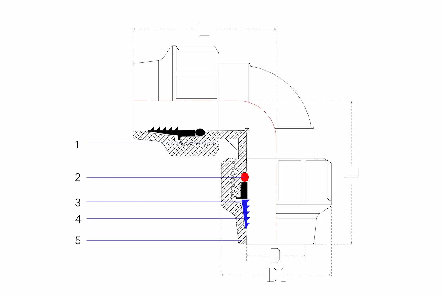 pp-compression-fitting-elbow-structure-diagram-china 6 Polypropylene compression fitting 90 degree elbow technical drawing with dimensional data for piping networks.