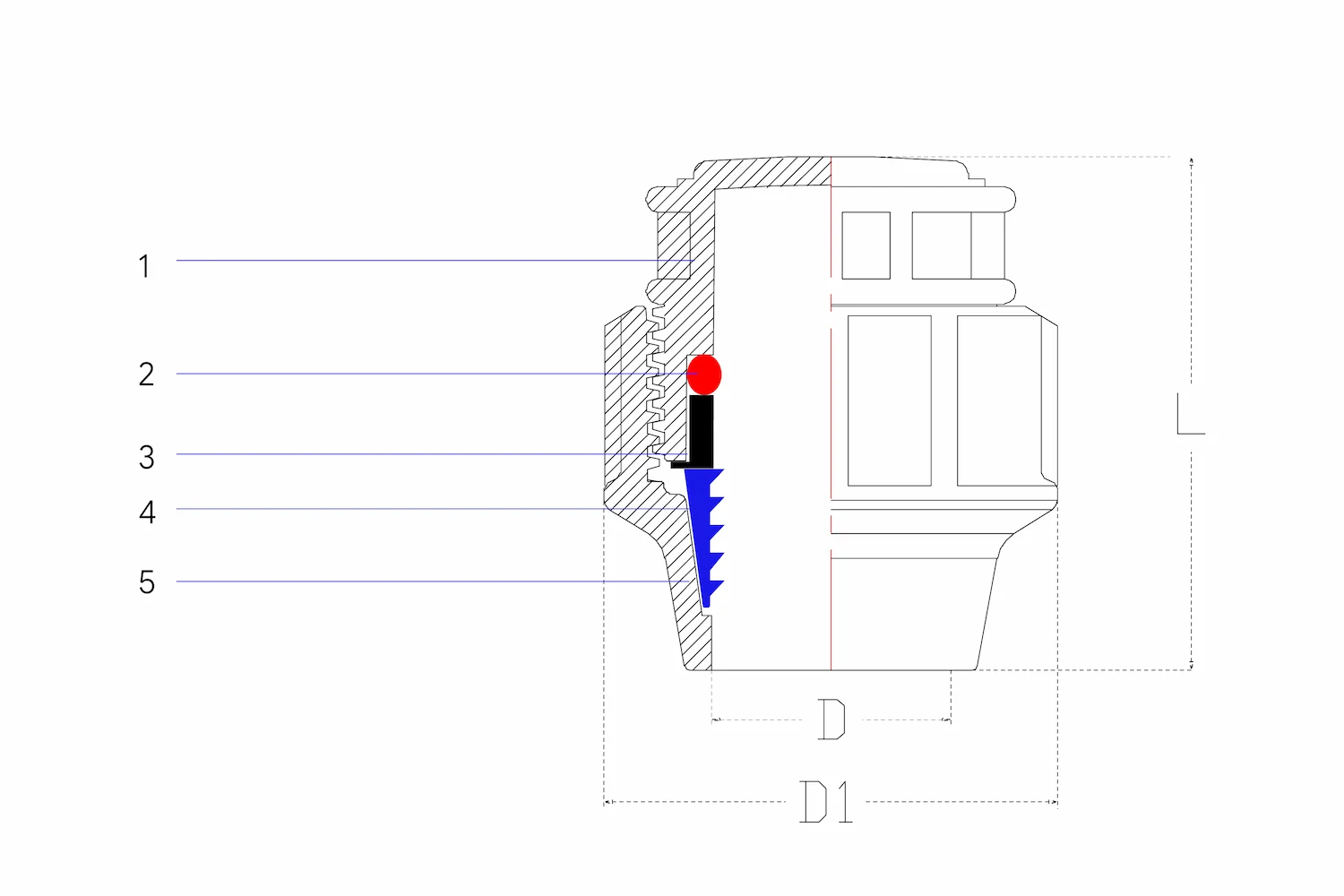 pp-compression-fitting-end-cap-structure-diagram-china 3 PP compression fitting end cap cross-section view and layout dimensions for water pipe systems.