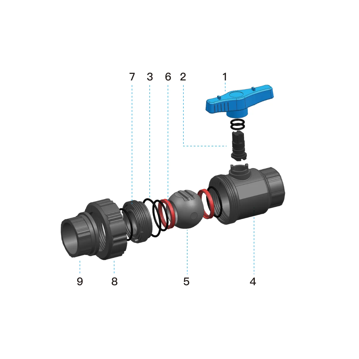 PVC Single Union Ball Valve-Product Diagram-JRV16 9 JRV16 PVC single union ball valve product structure diagram with one detachable union end