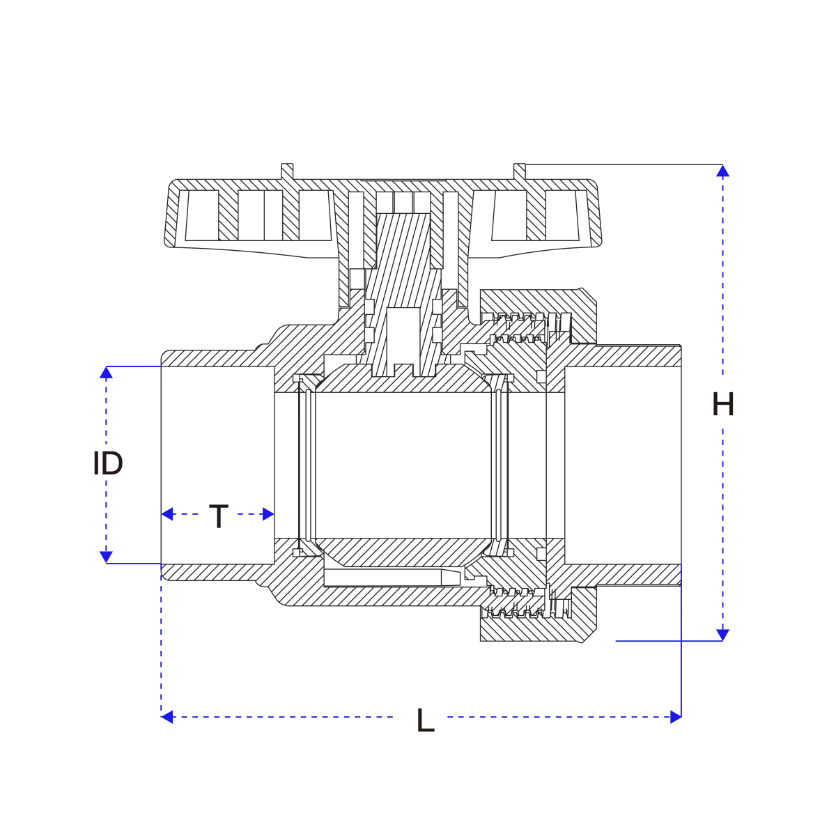 PVC Single Union Ball Valve-Technical Drawing-JRV16 10 JRV16 PVC single union ball valve technical drawing showing the single union valve structure
