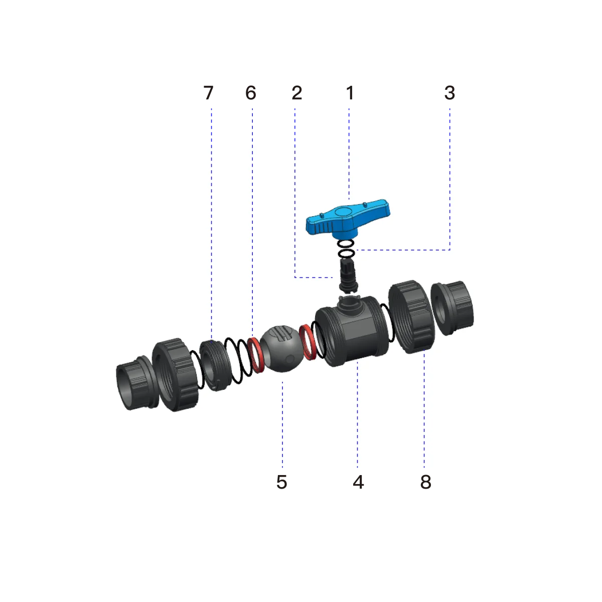 PVC True Union Ball Valve-Product Diagram-JRV15 6 JRV15 PVC true union ball valve product structure diagram with dual union connections