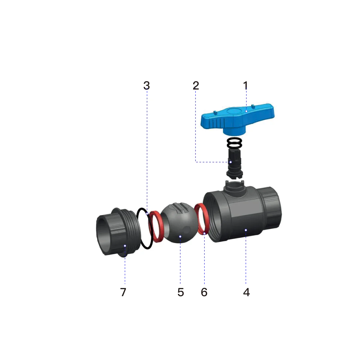 PVC Two-Piece Ball Valve-plastic Handle Diagram-JRV17 11 JRV17 PVC two-piece ball valve product structure diagram with durable plastic handle