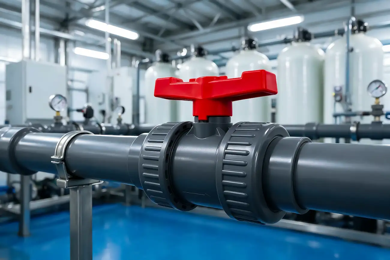 Photos showing Jaroindustry double-union valves installed inside a wastewater treatment facility