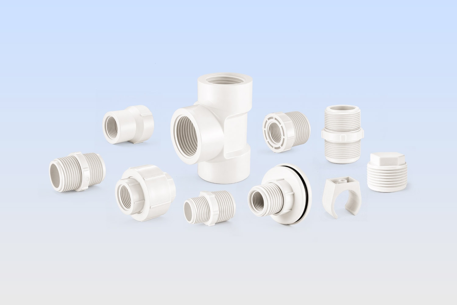 9 White PVC threaded pipe fittings and accessories