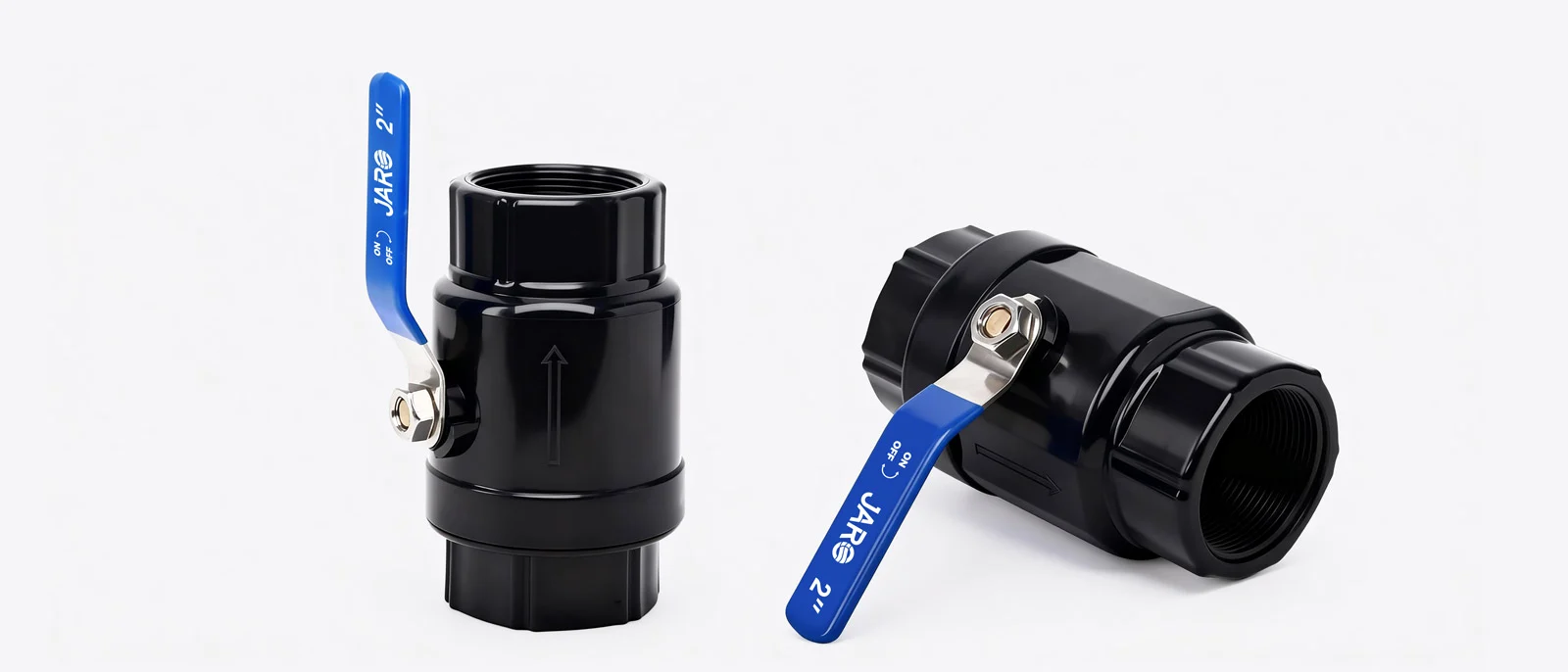 PVC-U Two Piece Ball Valve 3 Black PVC-U two piece ball valve with blue lever handle for industrial piping systems