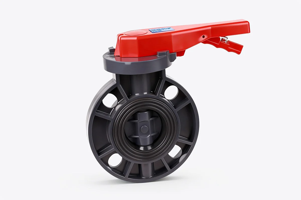 PVC-U Wafer Butterfly Valve with Lever Handle 4 PVC-U wafer butterfly valve with red lever handle for manual flow isolation and control
