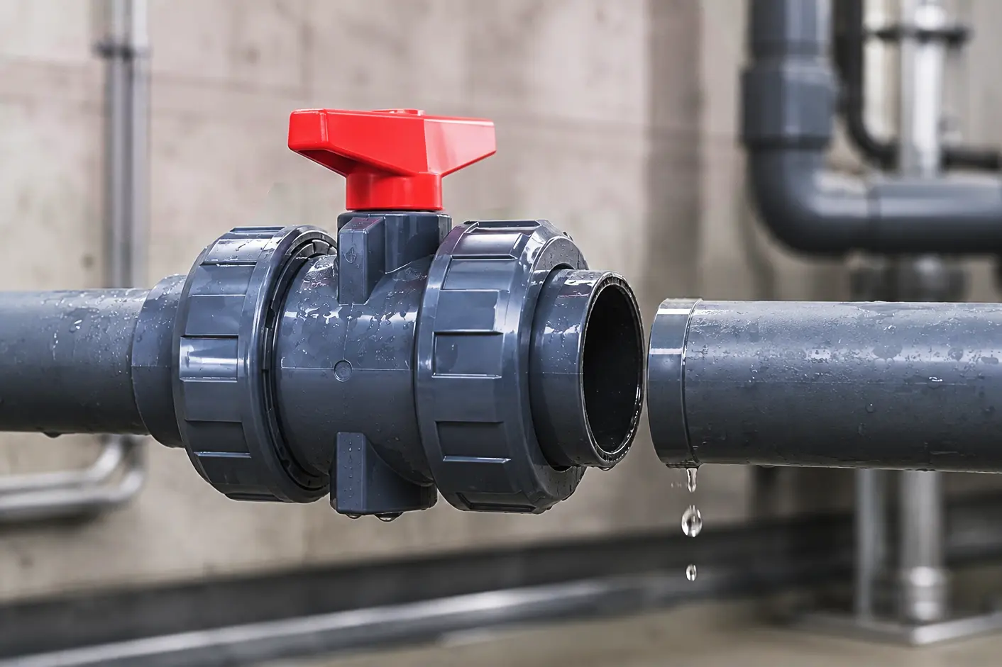 PVC pipe pulled out of a ball valve socket, illustrating solvent-weld joint pull-out failure