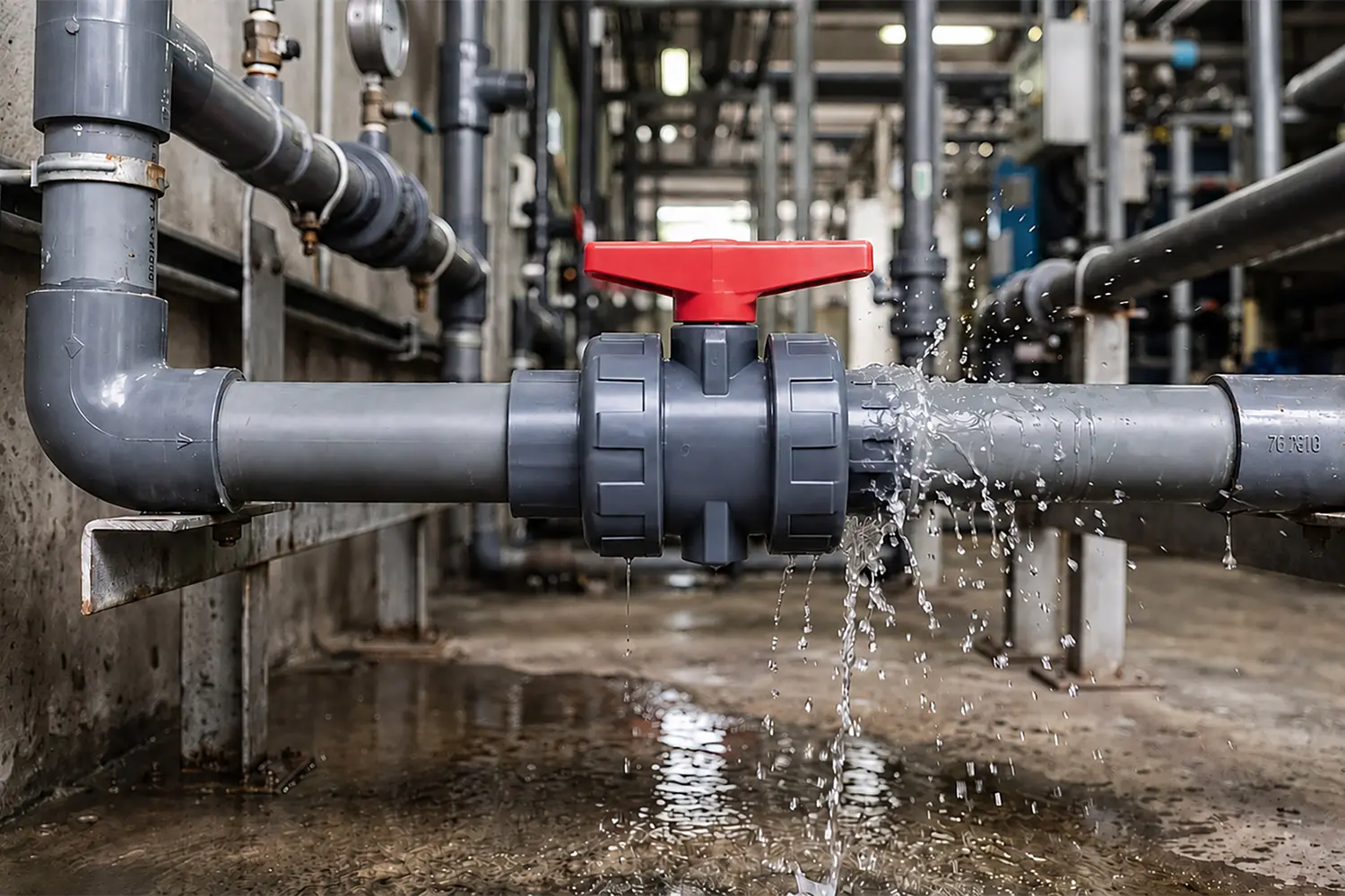 A gray PVC ball valve with a red handle installed in an industrial pipeline, with water spraying from the connection on the right and pooling on the floor.